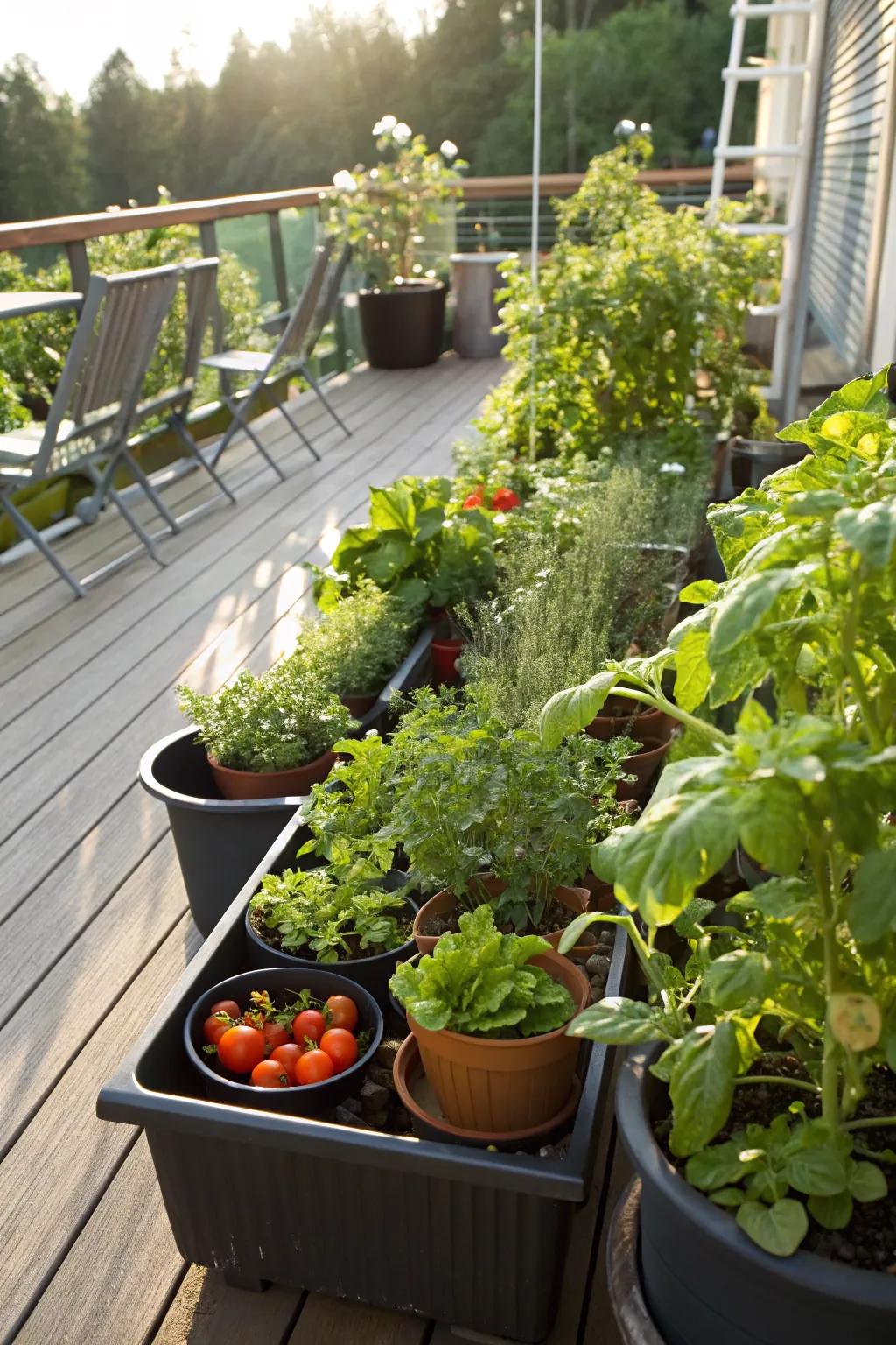 Self-watering pots ensuring the perfect amount of moisture for vegetables.