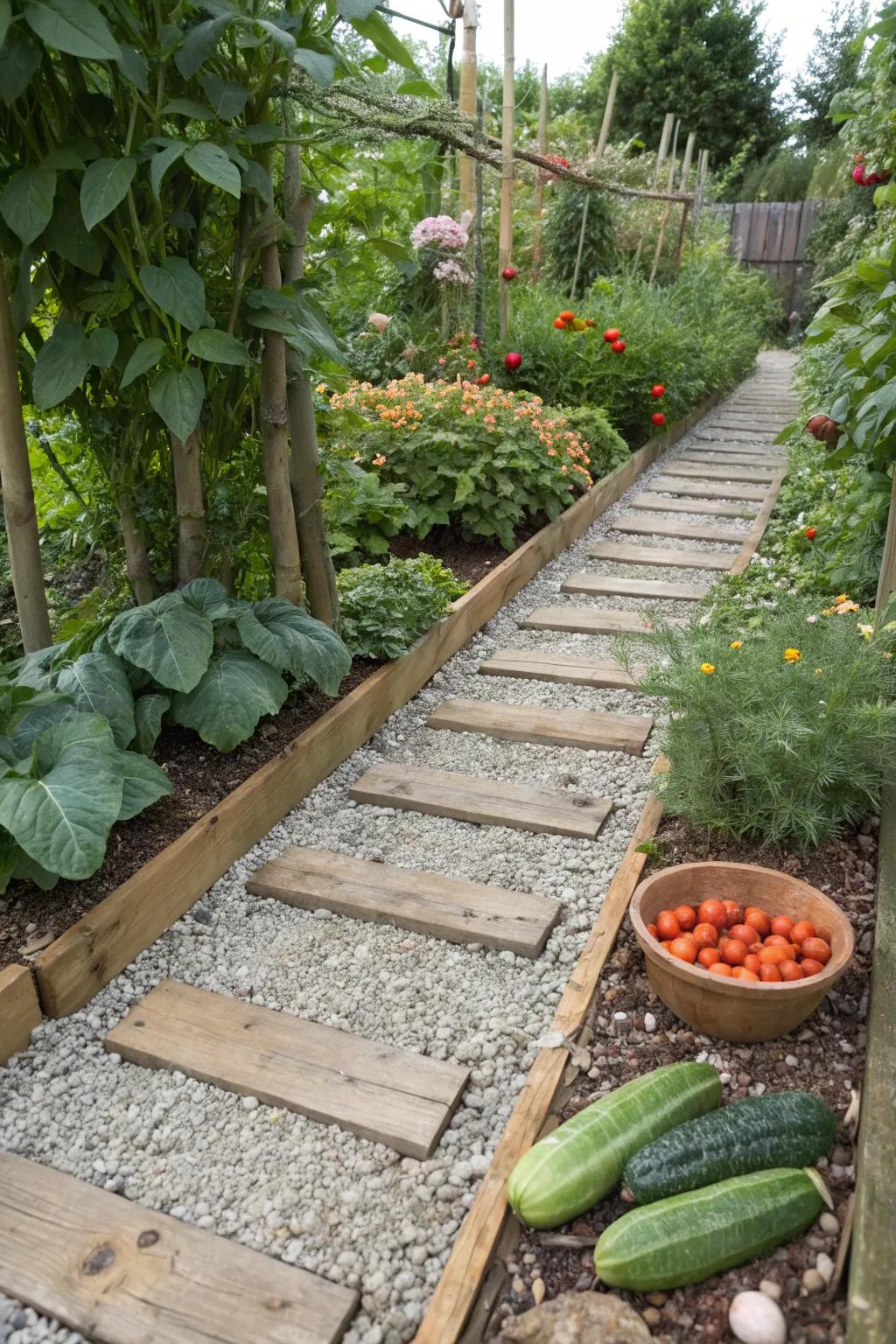 Mixed materials add visual interest to garden paths.