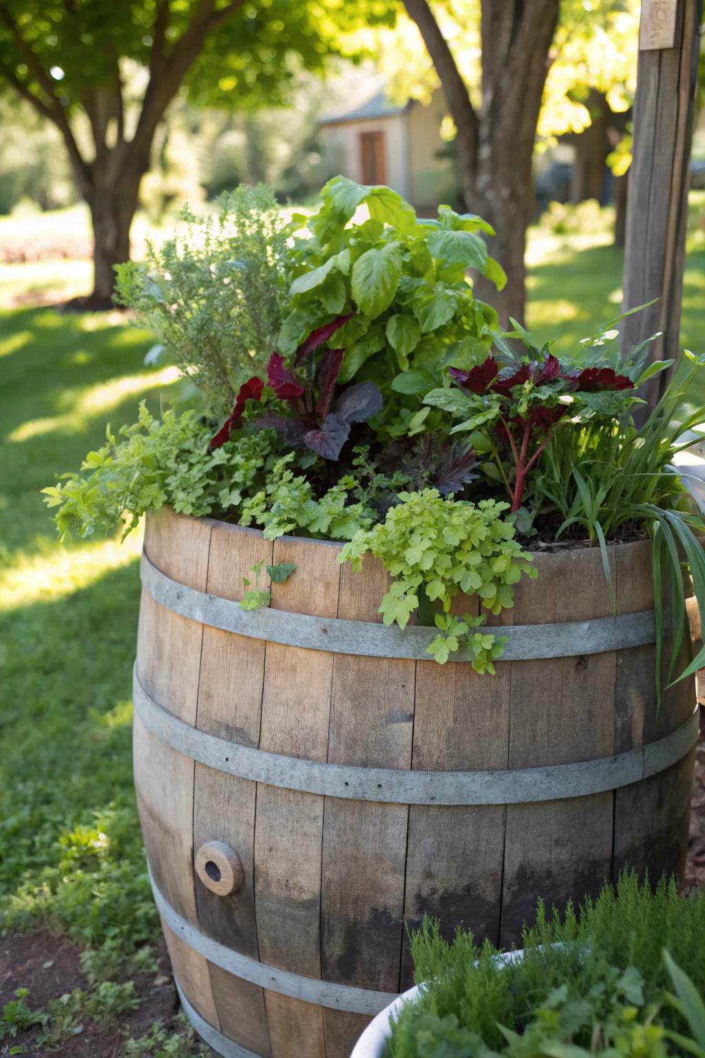 A wine barrel planter adds charm and space for your veggies.