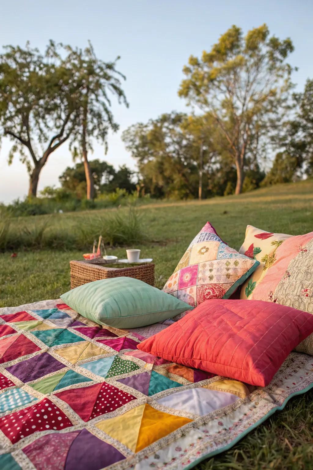 Cushions and quilts provide comfort and style to your picnic setup.