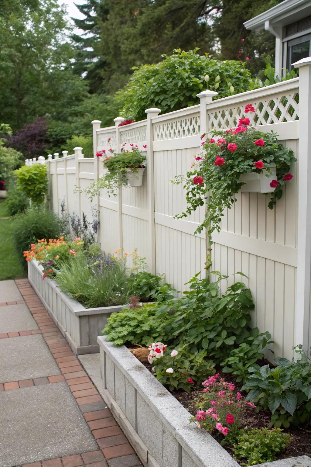 Built-in planters in this vinyl fence bring the garden to the fence line, creating a harmonious blend.