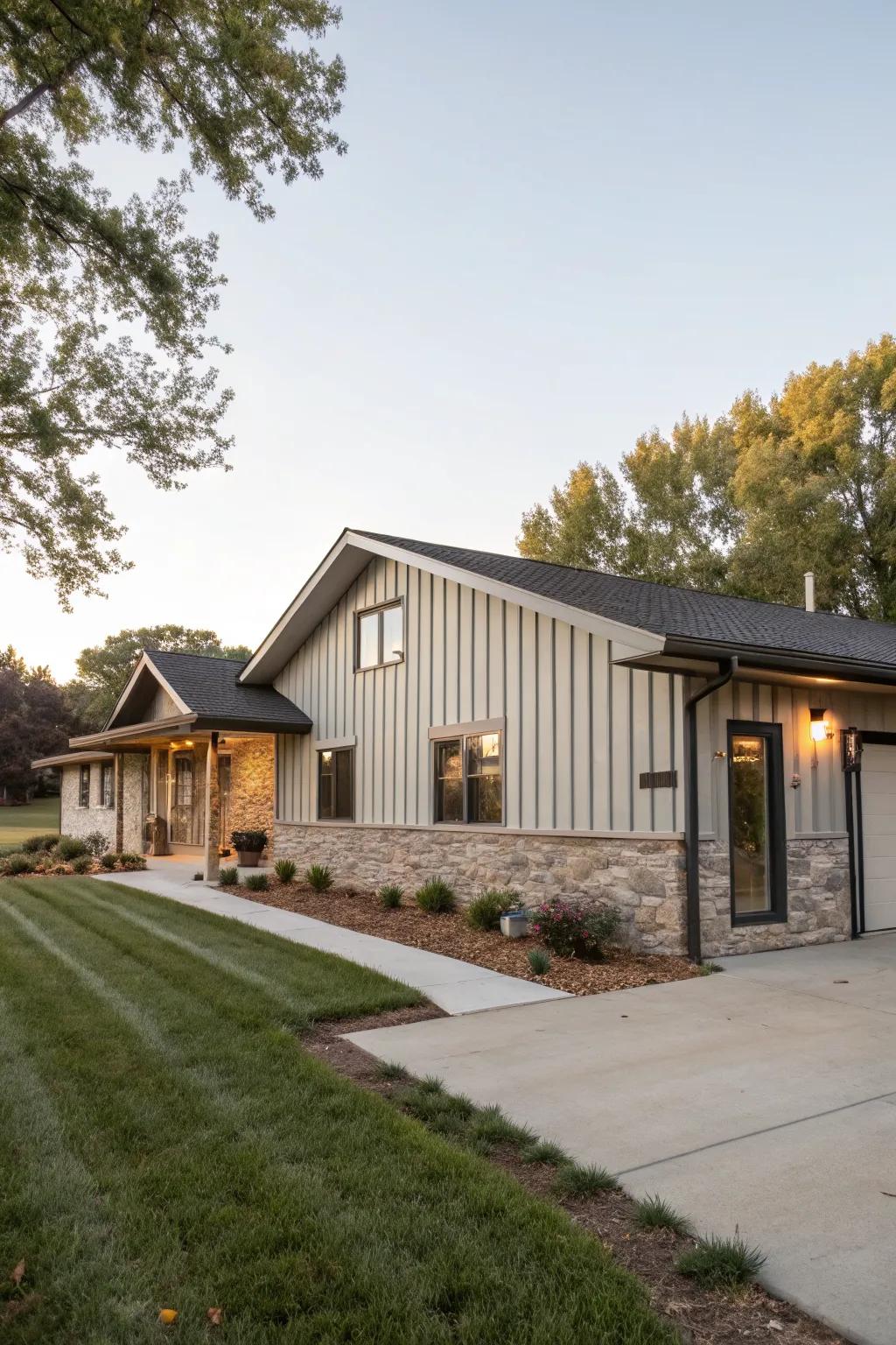 A ranch home with a striking vinyl siding accent wall, adding character.