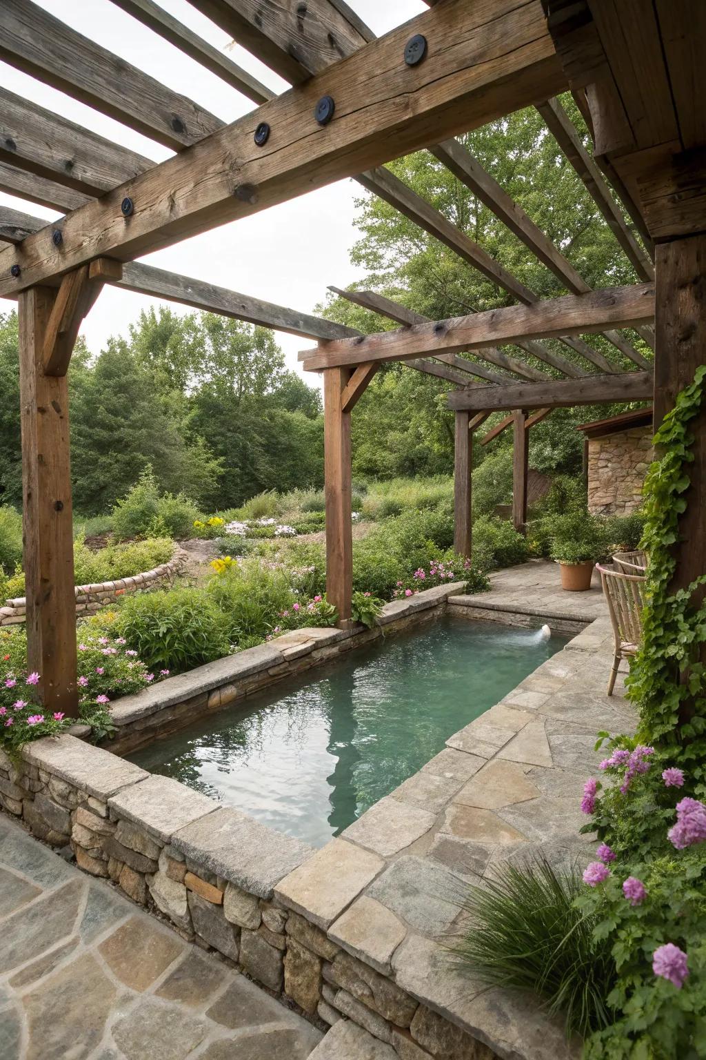 Rustic charm abounds with wooden beams and stone accents around this wading pool.