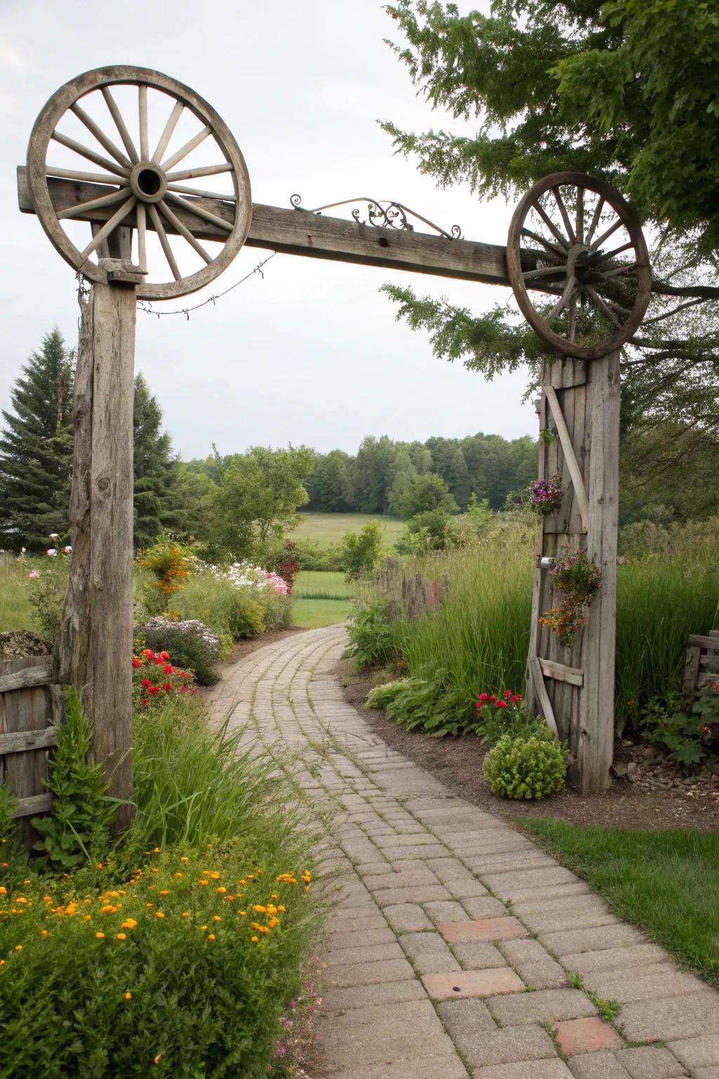 A grand rustic entry arch with wagon wheels welcoming you into a garden.