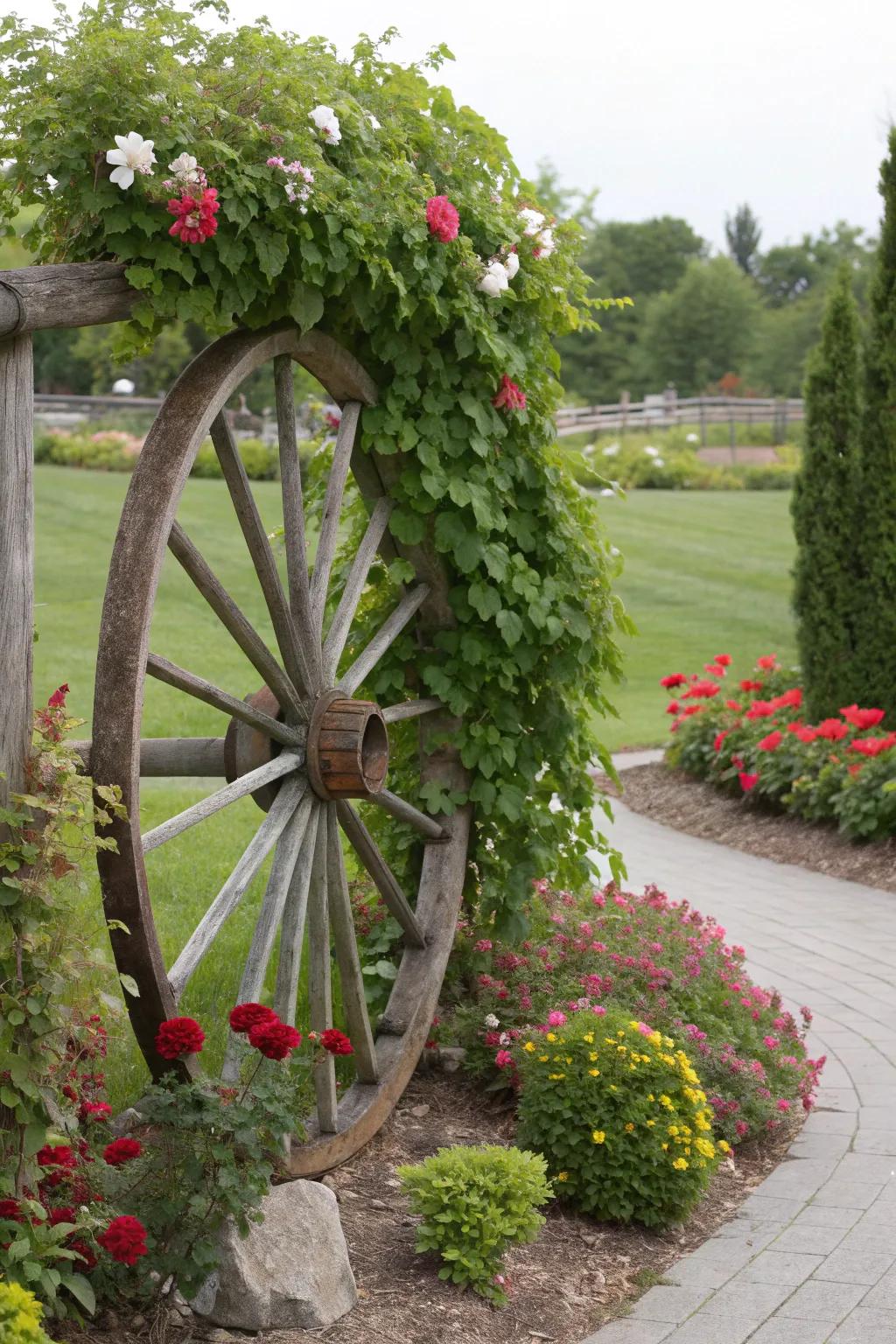 A wagon wheel trellis supports vibrant flowering vines.