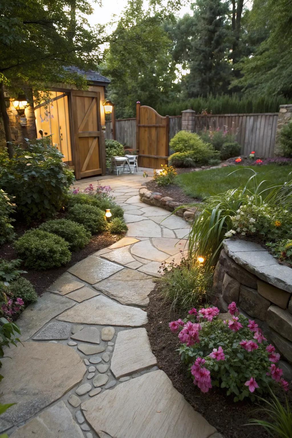 Natural stone pathways add elegance and guide visitors on a walkout basement patio.