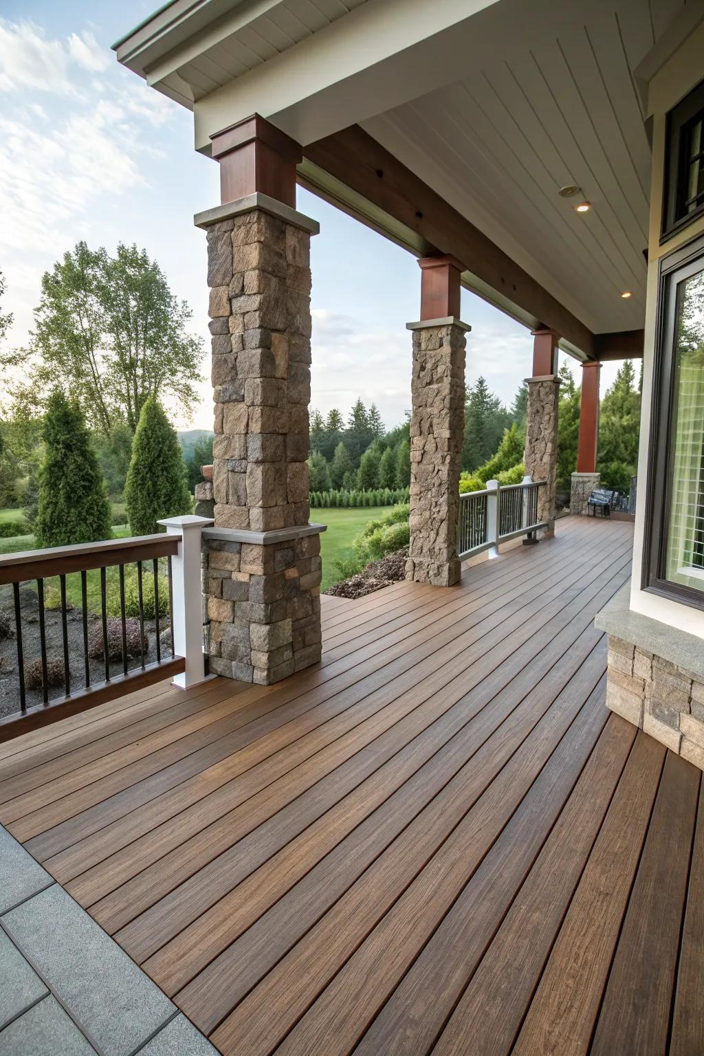 A deck showcasing a mix of wood and stone materials.