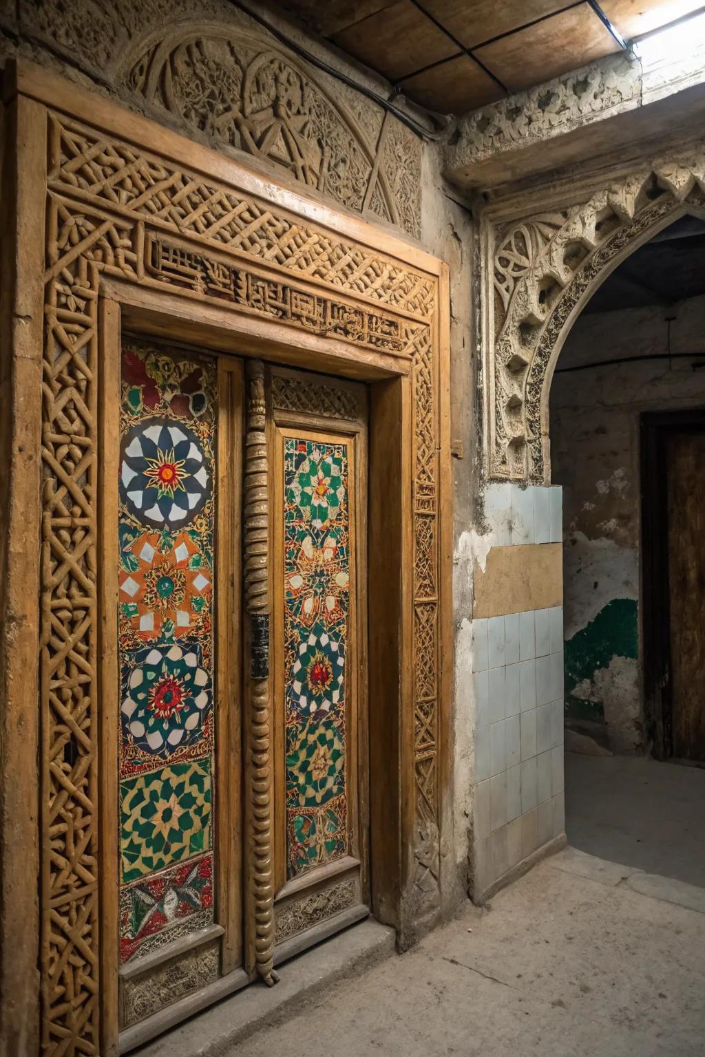 Artistic elements add a personal and unique touch to basement doors.