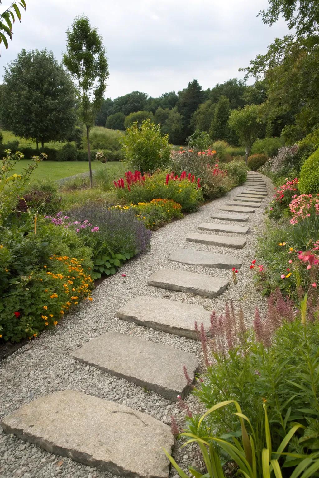 A gravel path enhanced with stepping stones for a rustic charm.