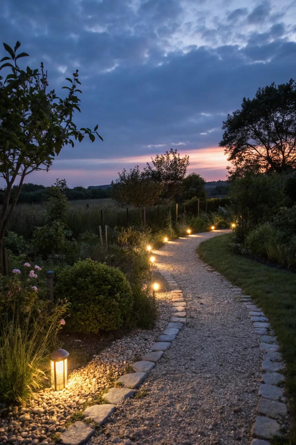 Solar lights casting a warm glow on a gravel path.