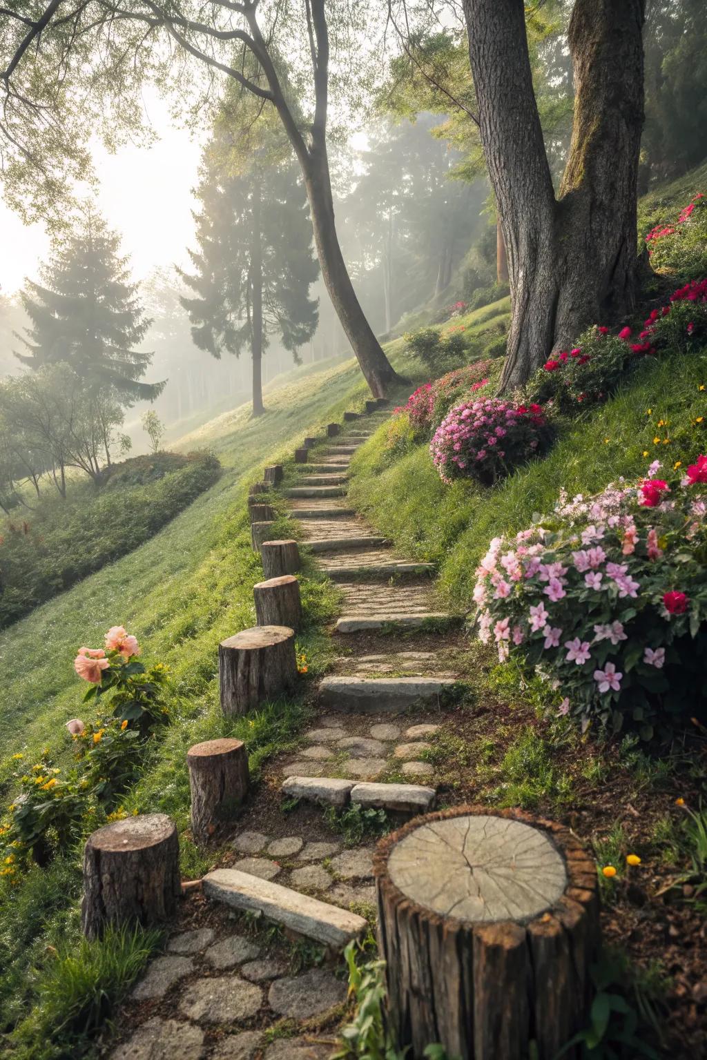 Tree stump steps bring a whimsical, enchanted feel to gardens.