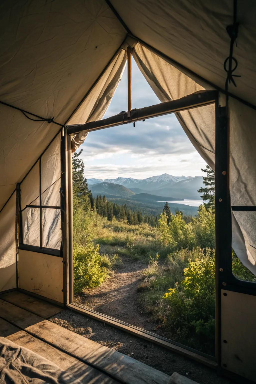 A wall tent perfectly positioned to showcase stunning outdoor views.