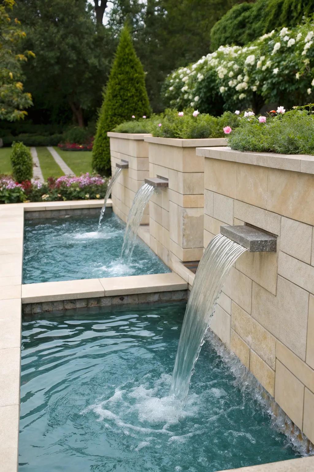 Scuppers add a distinct and soothing element to pool design.