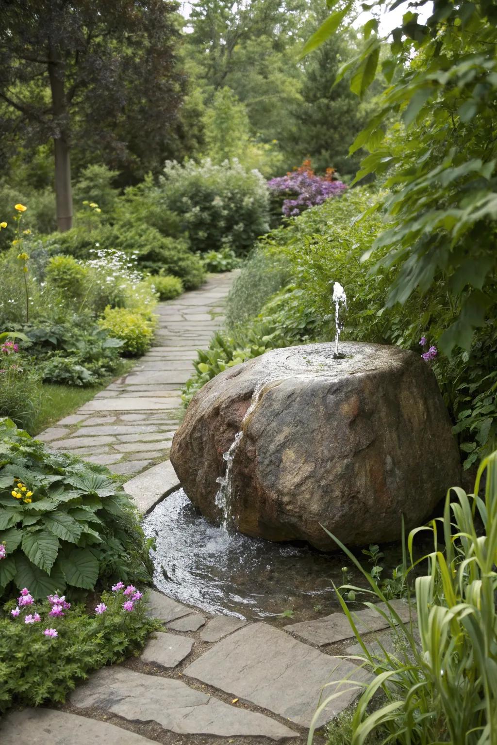 A bubbling boulder fountain adds a natural and playful element to your garden.