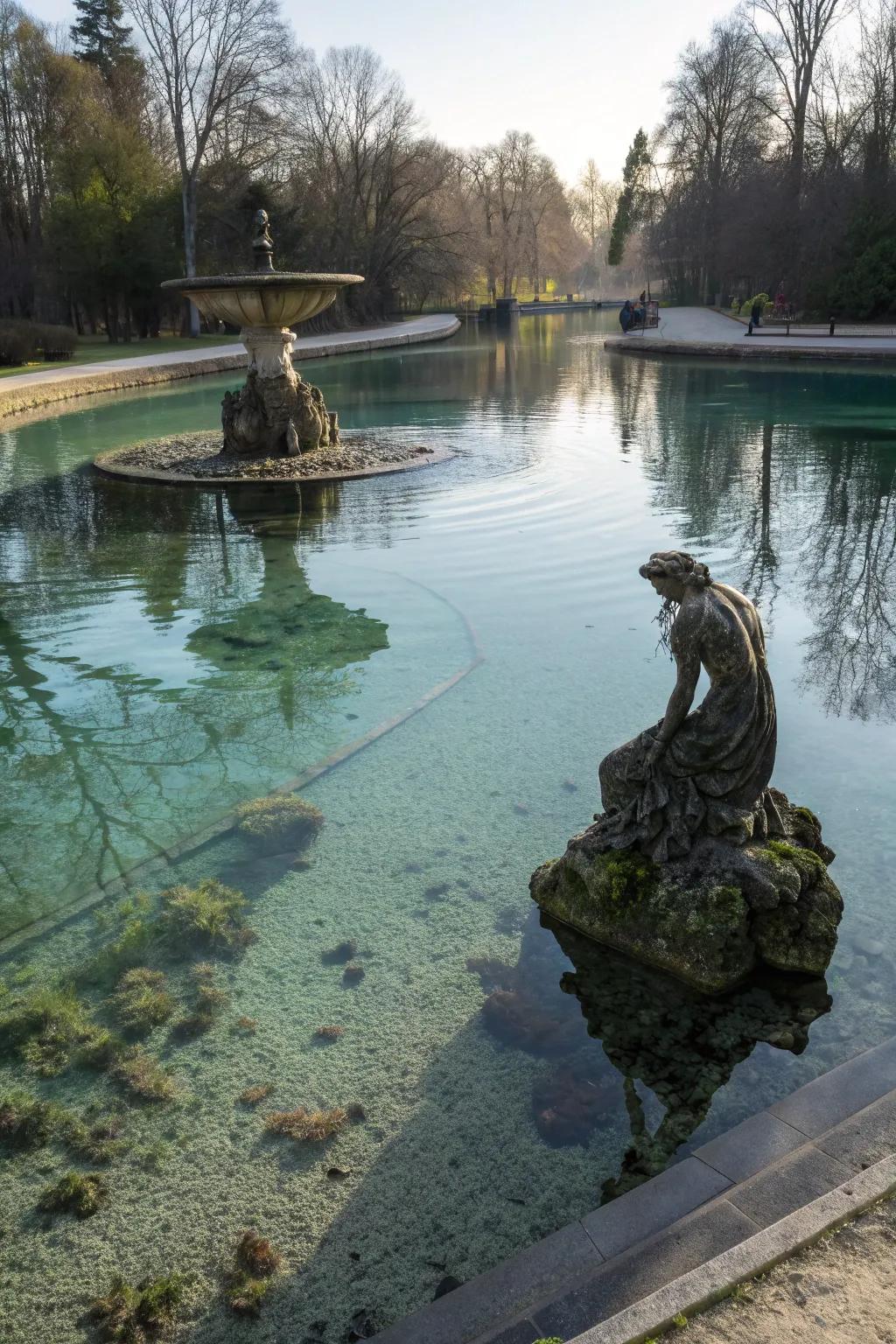 Underwater sculptures add an unexpected artistic touch to a pond.