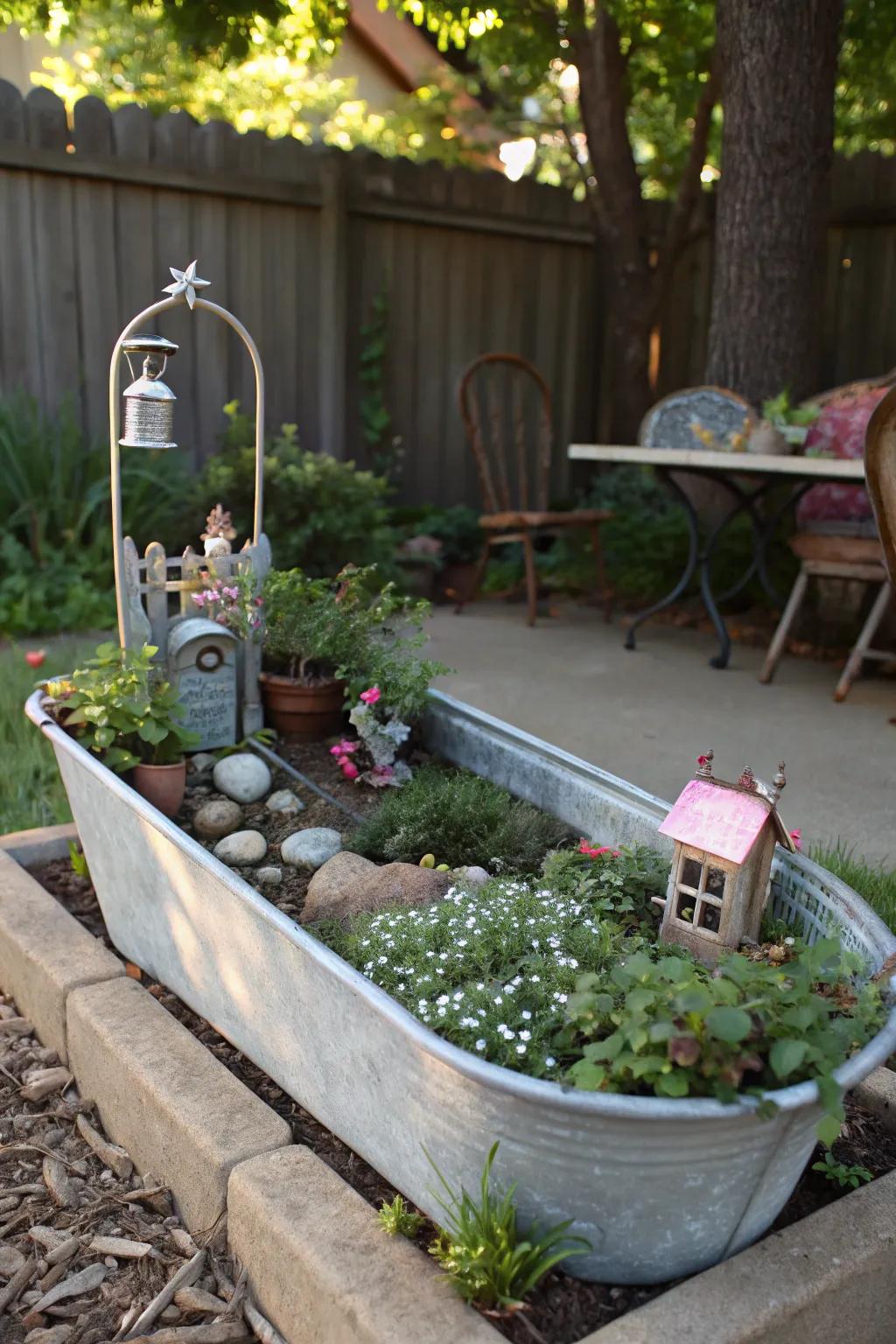 A whimsical fairy garden in a water trough.