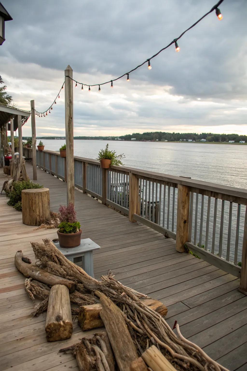 Rustic elements add charm and a natural feel to your waterfront deck.