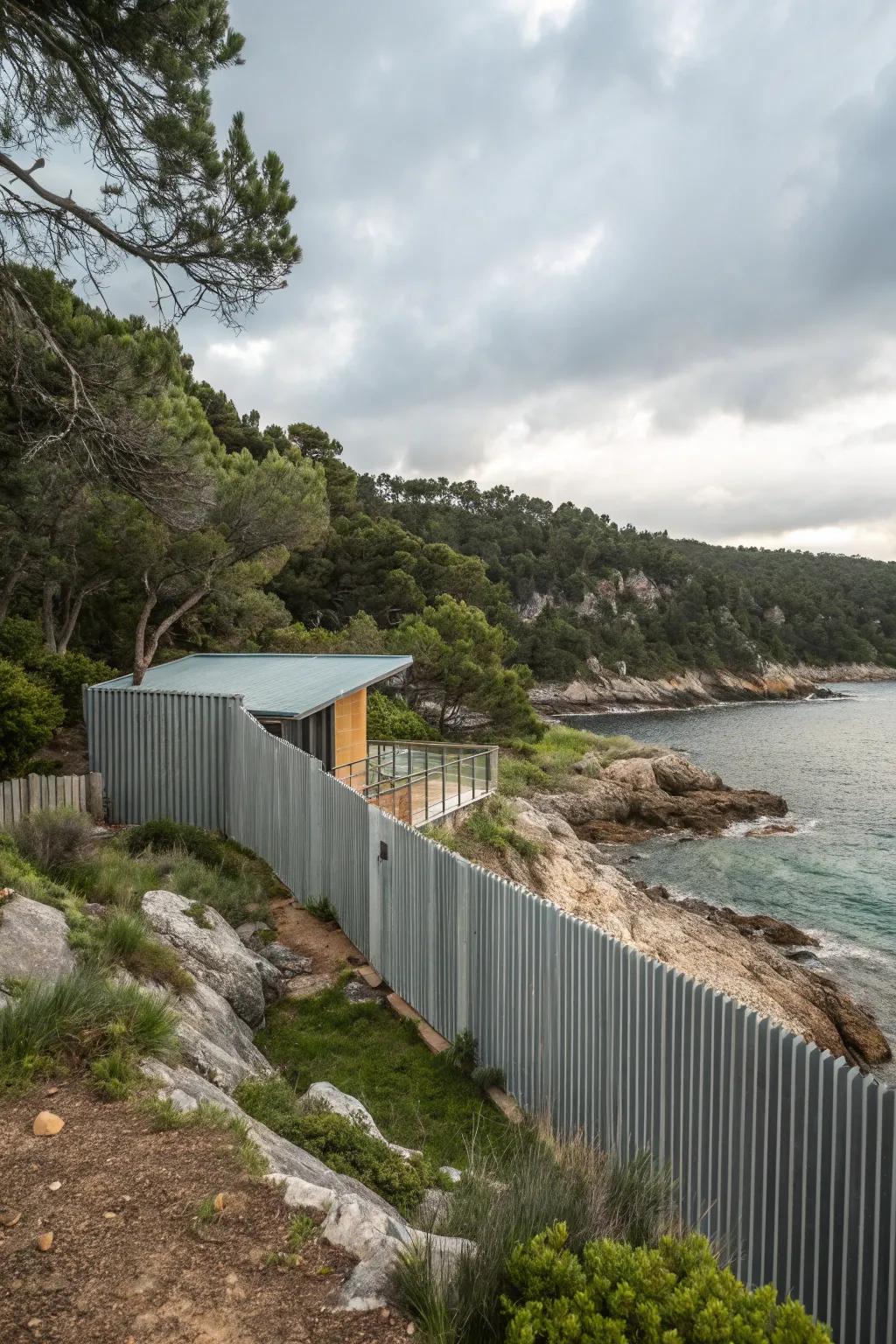 Corrugated metal panels provide a striking contrast on this waterfront property.