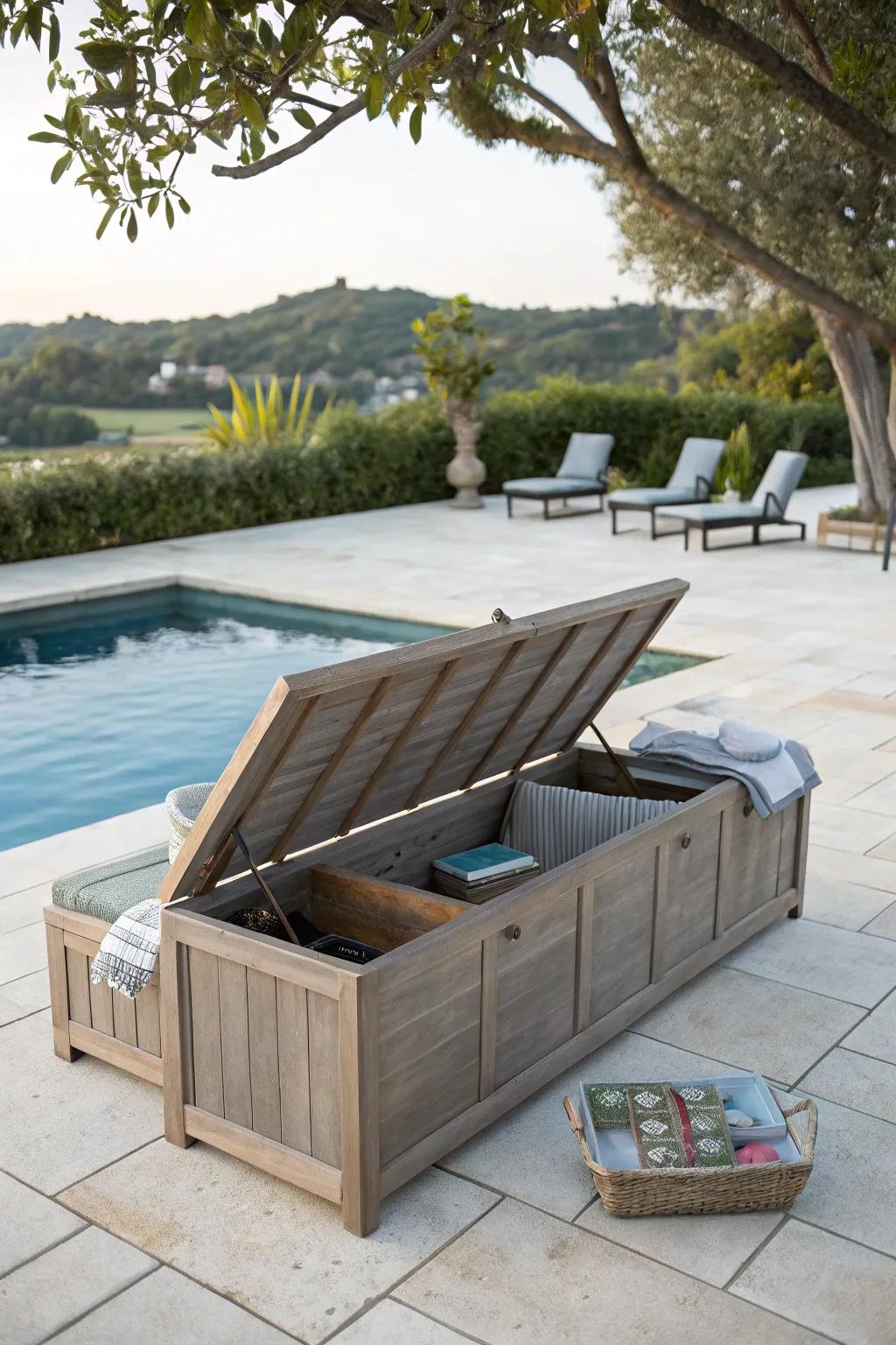 Sleek and functional outdoor storage bench.