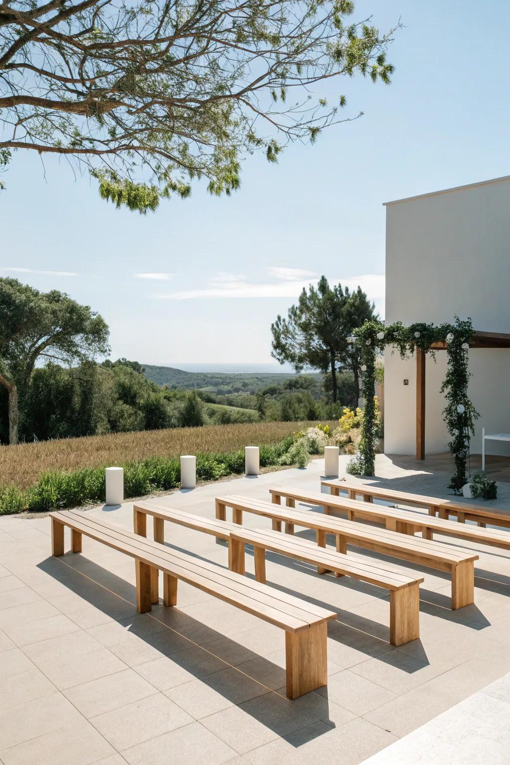 Minimalist benches create a sleek and modern wedding look.