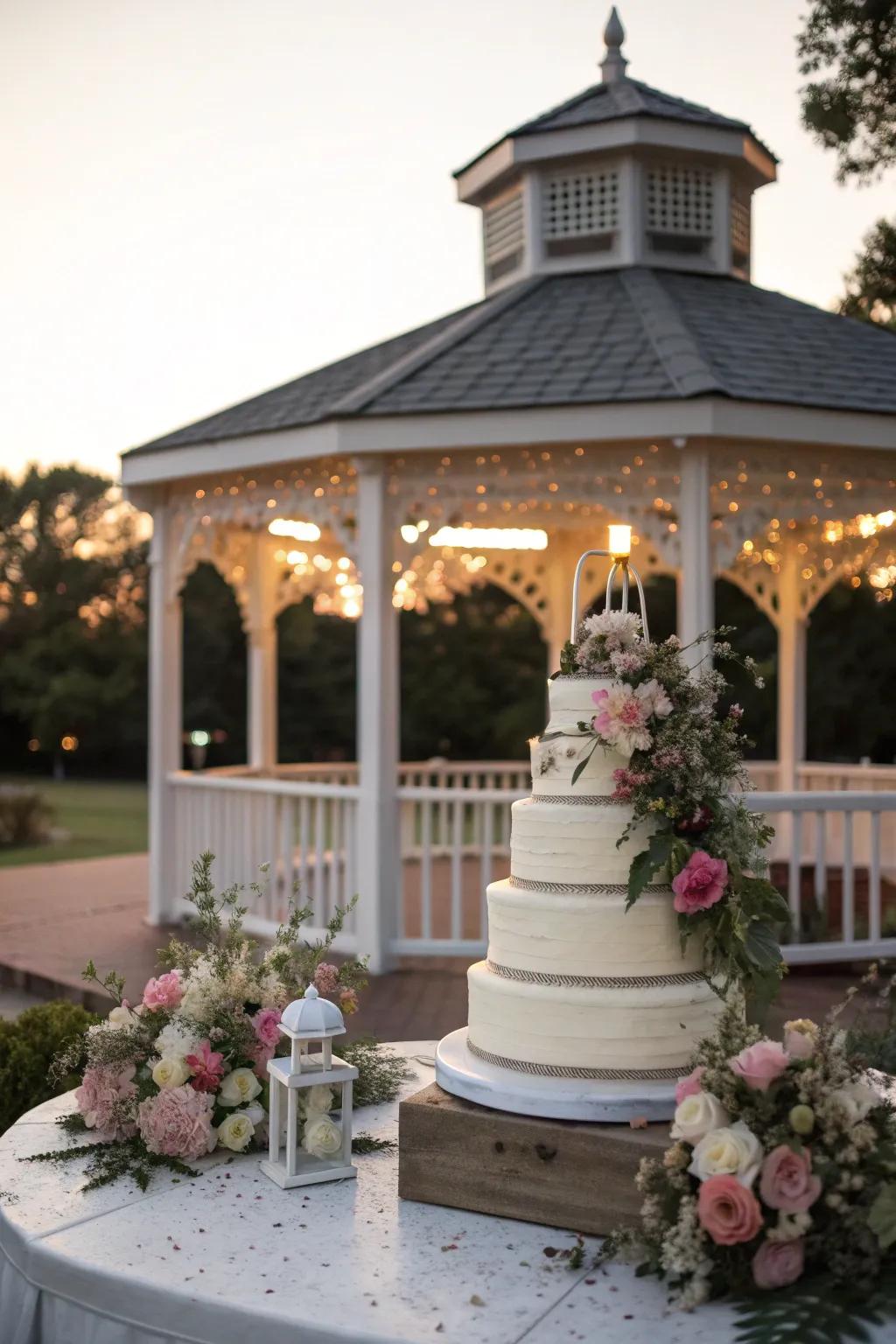 A gazebo cake display creates a picture-perfect moment.