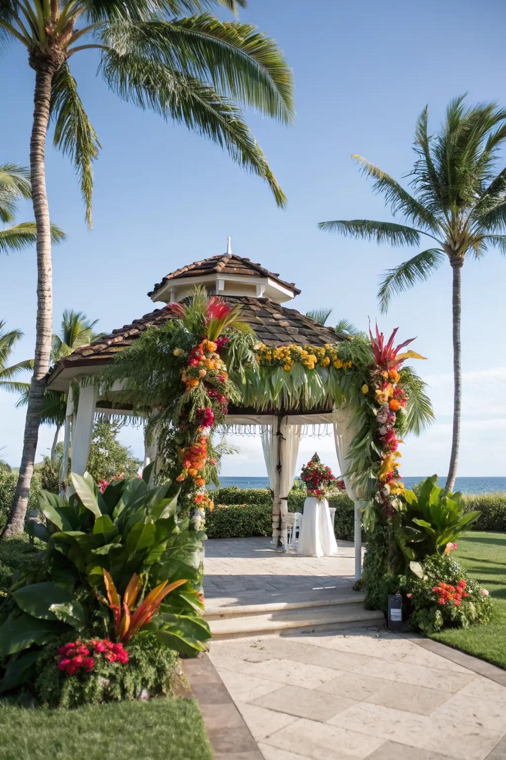 Tropical flowers and palm leaves bring island vibes to this gazebo.