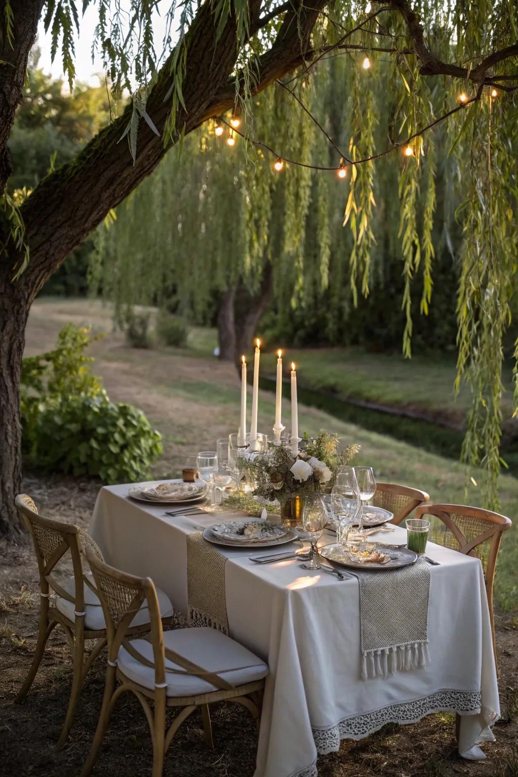 Enjoy a romantic dinner under the enchanting canopy of a willow.