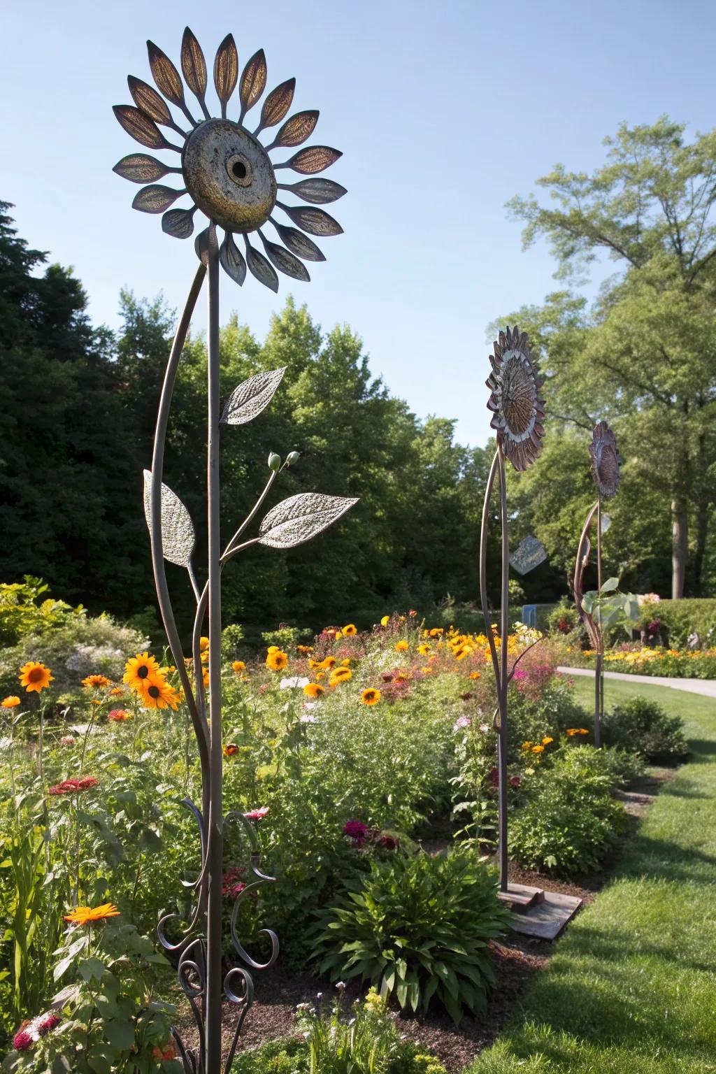 Metal sunflowers bring perpetual sunshine.