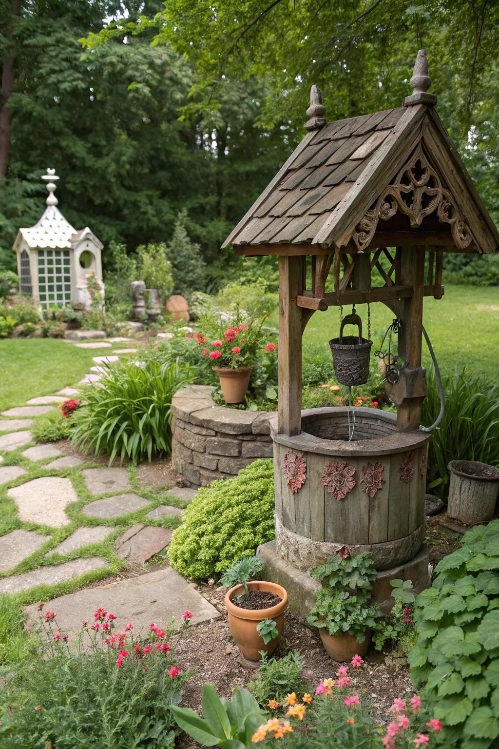 A vintage birdhouse cover adds whimsy and charm to any garden.