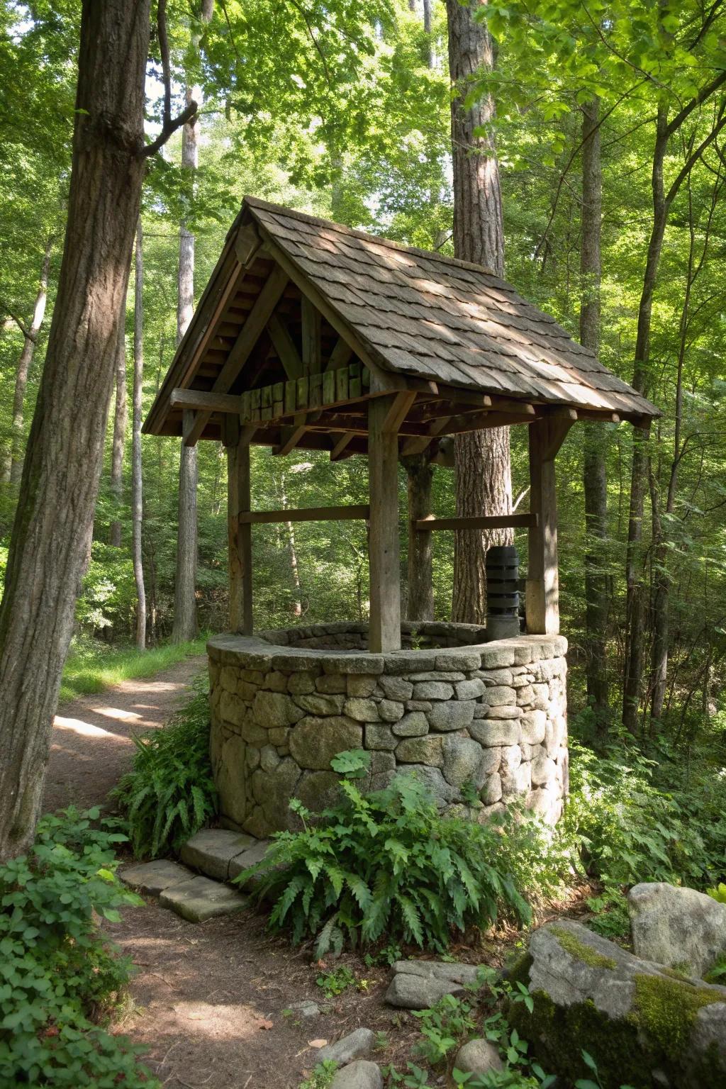 Blending with nature, this well house fits seamlessly into its environment.