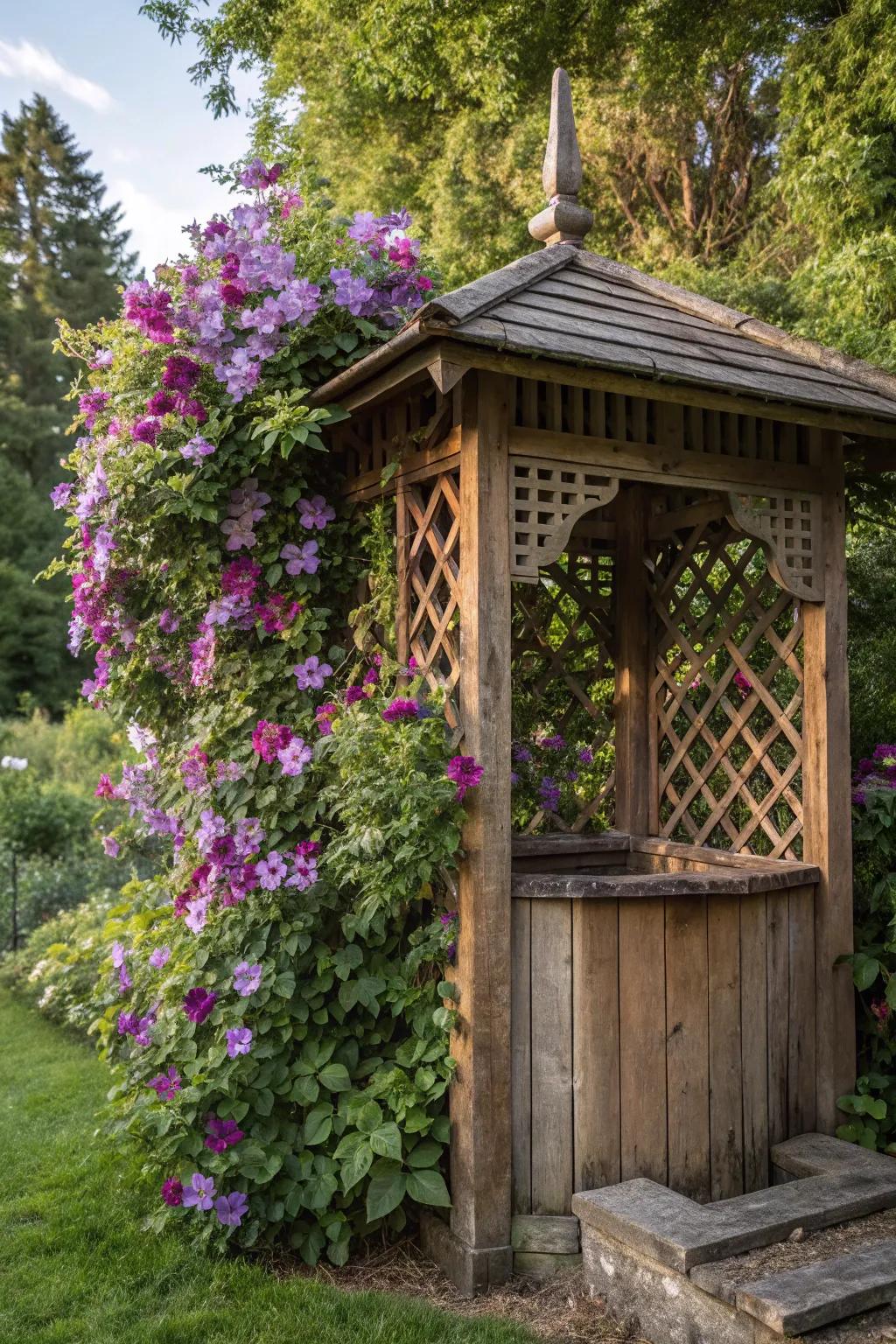 Transform your garden with a blooming well pump house centerpiece.