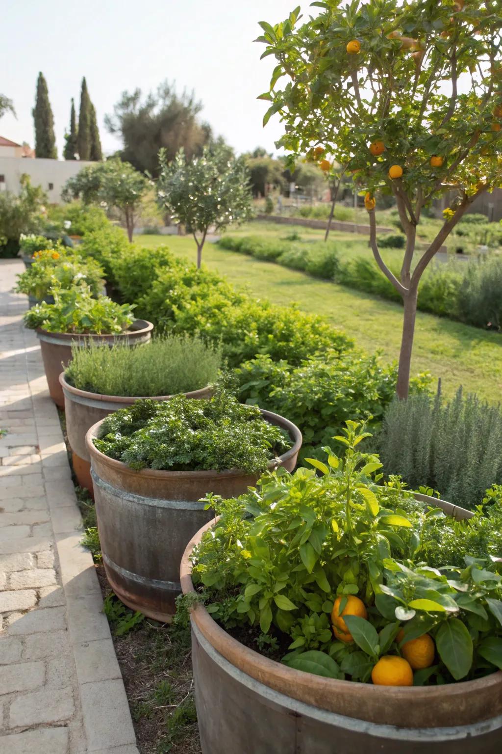 Containers filled with herbs and citrus adding versatility to the garden.