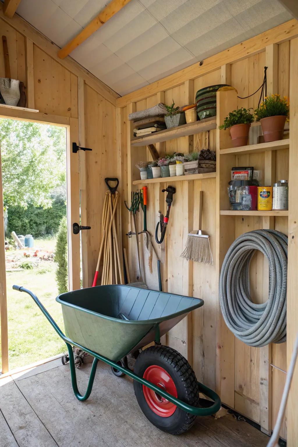 A hook system ensures efficient use of space within your garden shed.
