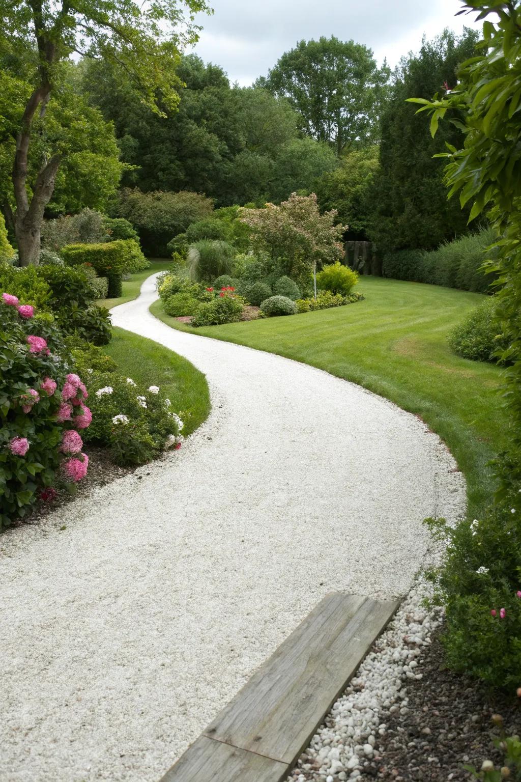Driveway naturally integrated with garden borders.