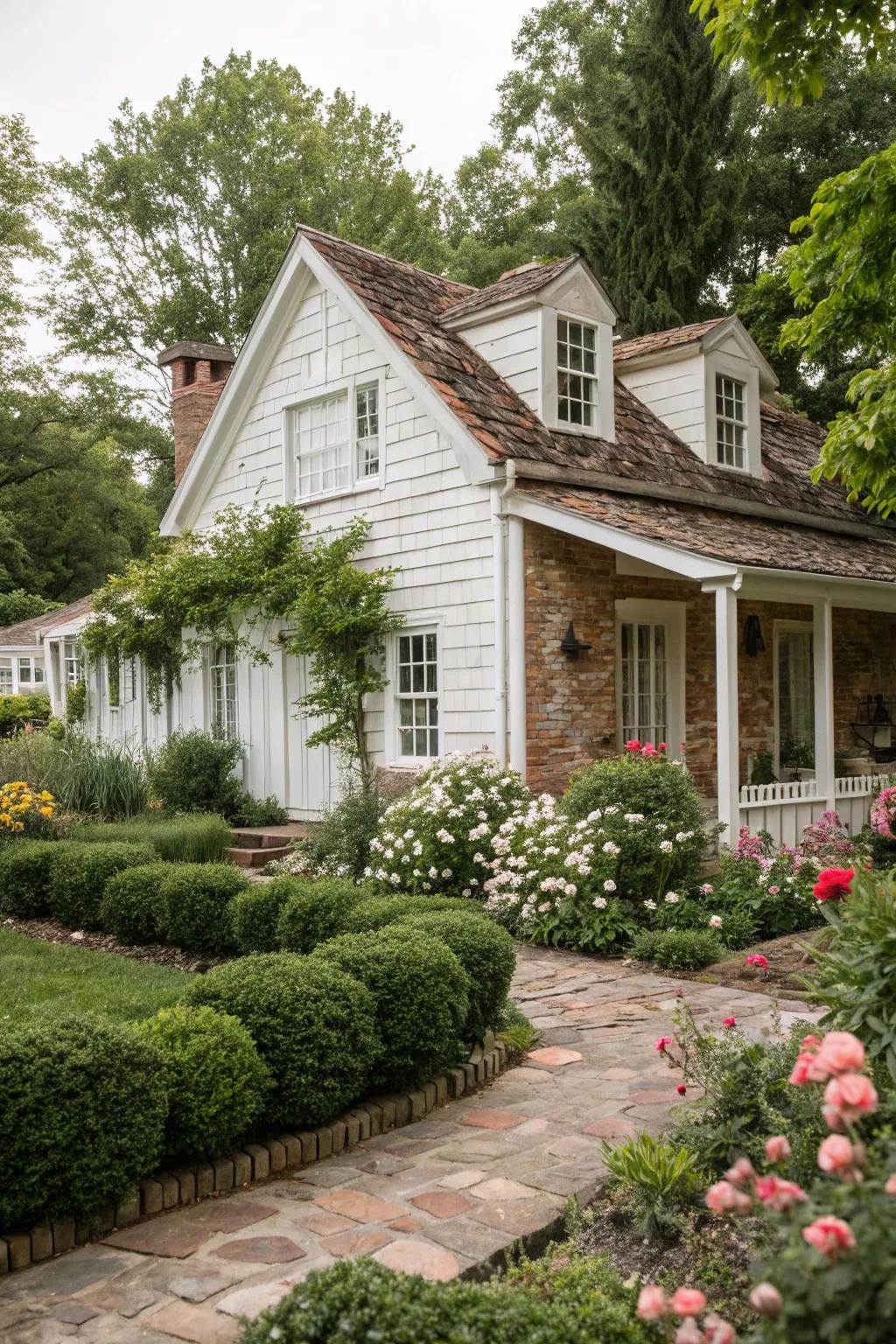 Playing with textures adds depth to a white-painted facade.