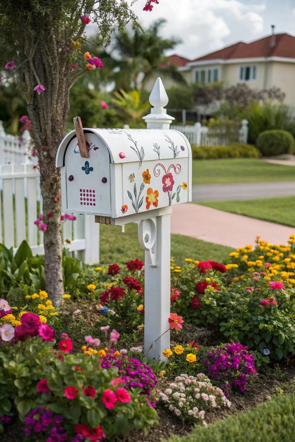 A whimsical white mailbox adds a playful charm to the garden.