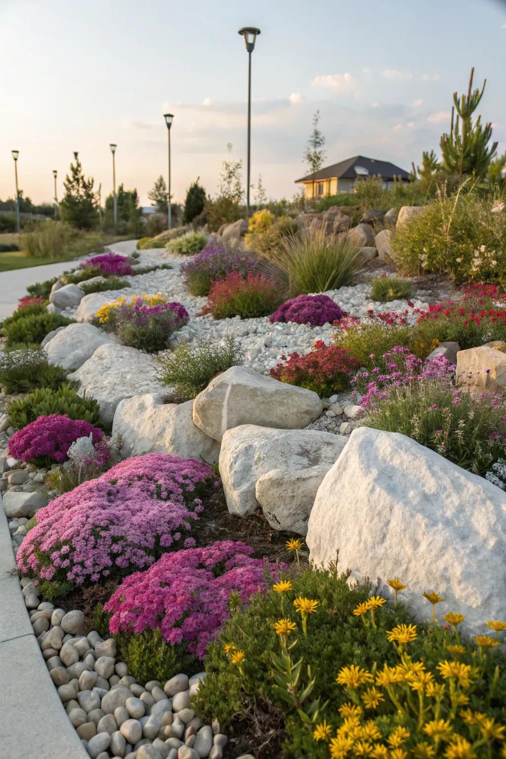 Colorful perennials popping against white rocks.