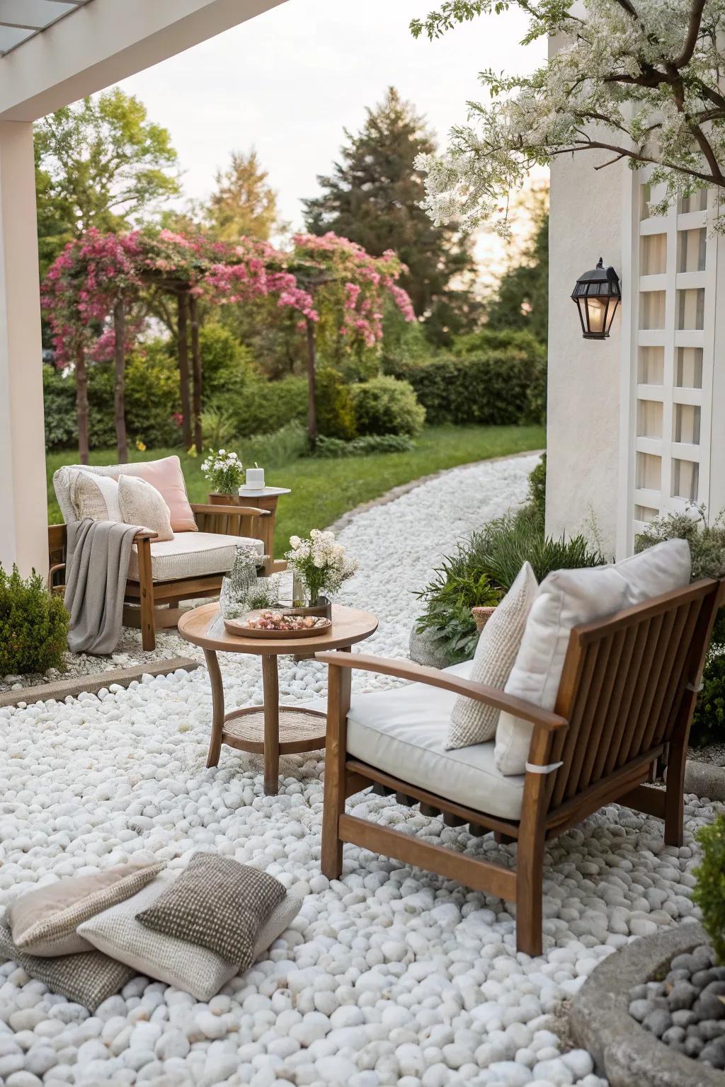 White stones provide a stylish base for a relaxing patio space.