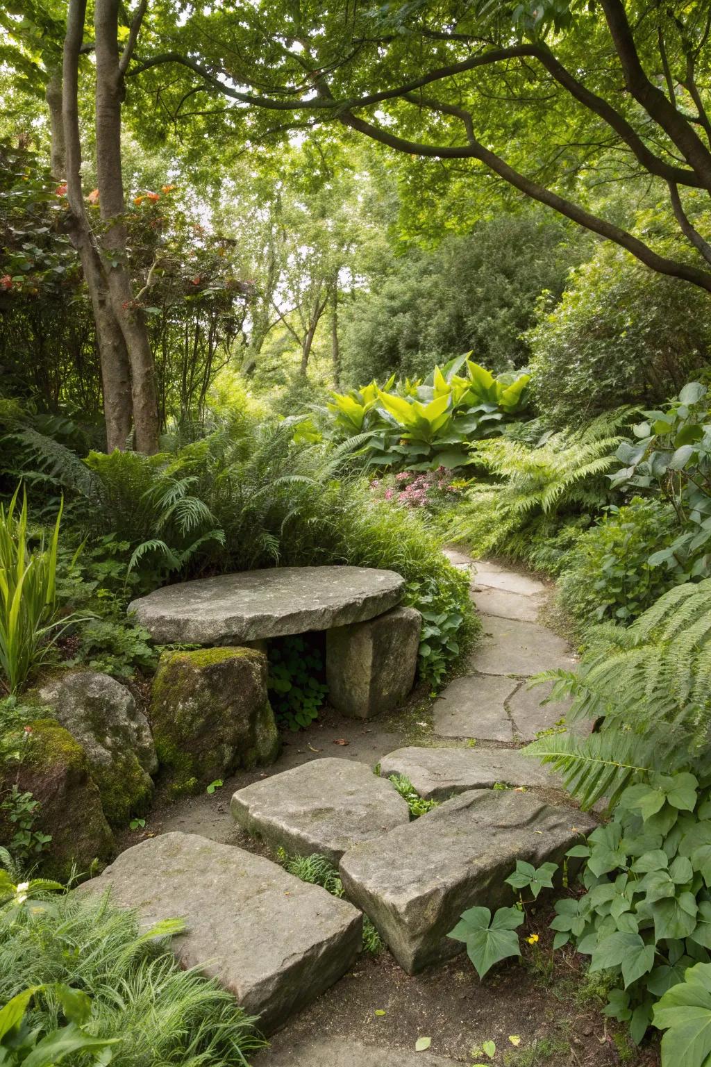Stone seating blending seamlessly into the wild garden.