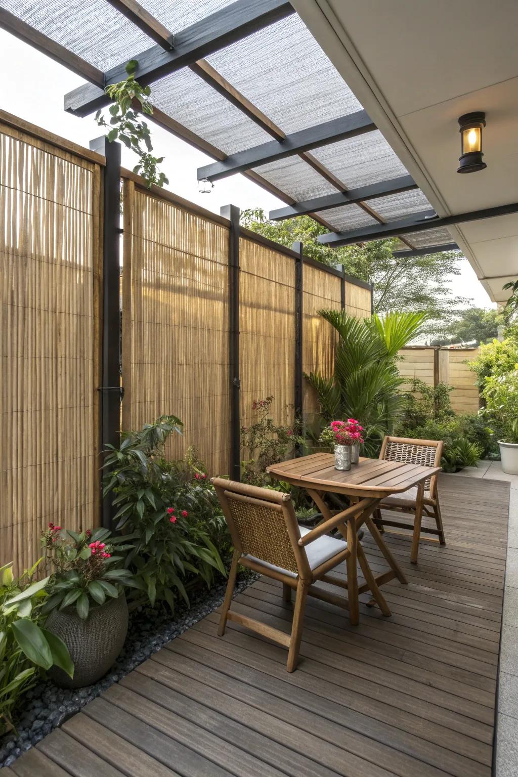 Bamboo screens offer quick-growing, eco-friendly wind protection.
