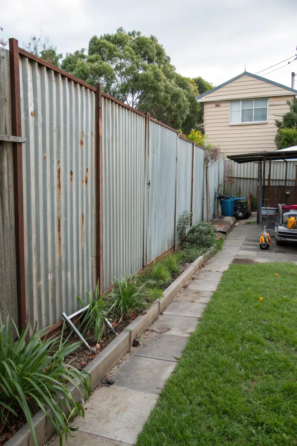 Corrugated metal fences provide a unique industrial look and strong wind resistance.
