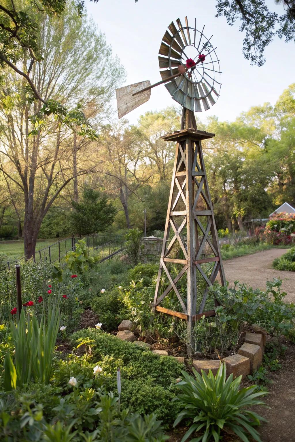 Innovative upcycled windmill sculpture.