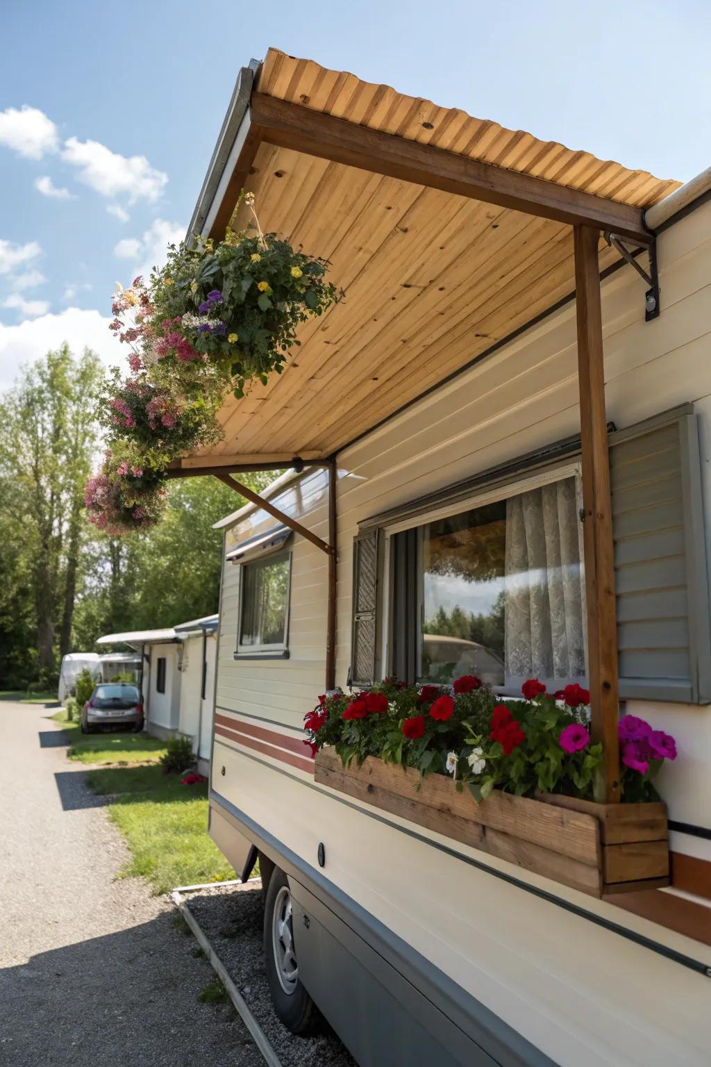 A wooden awning with a planter integrating nature with functionality.