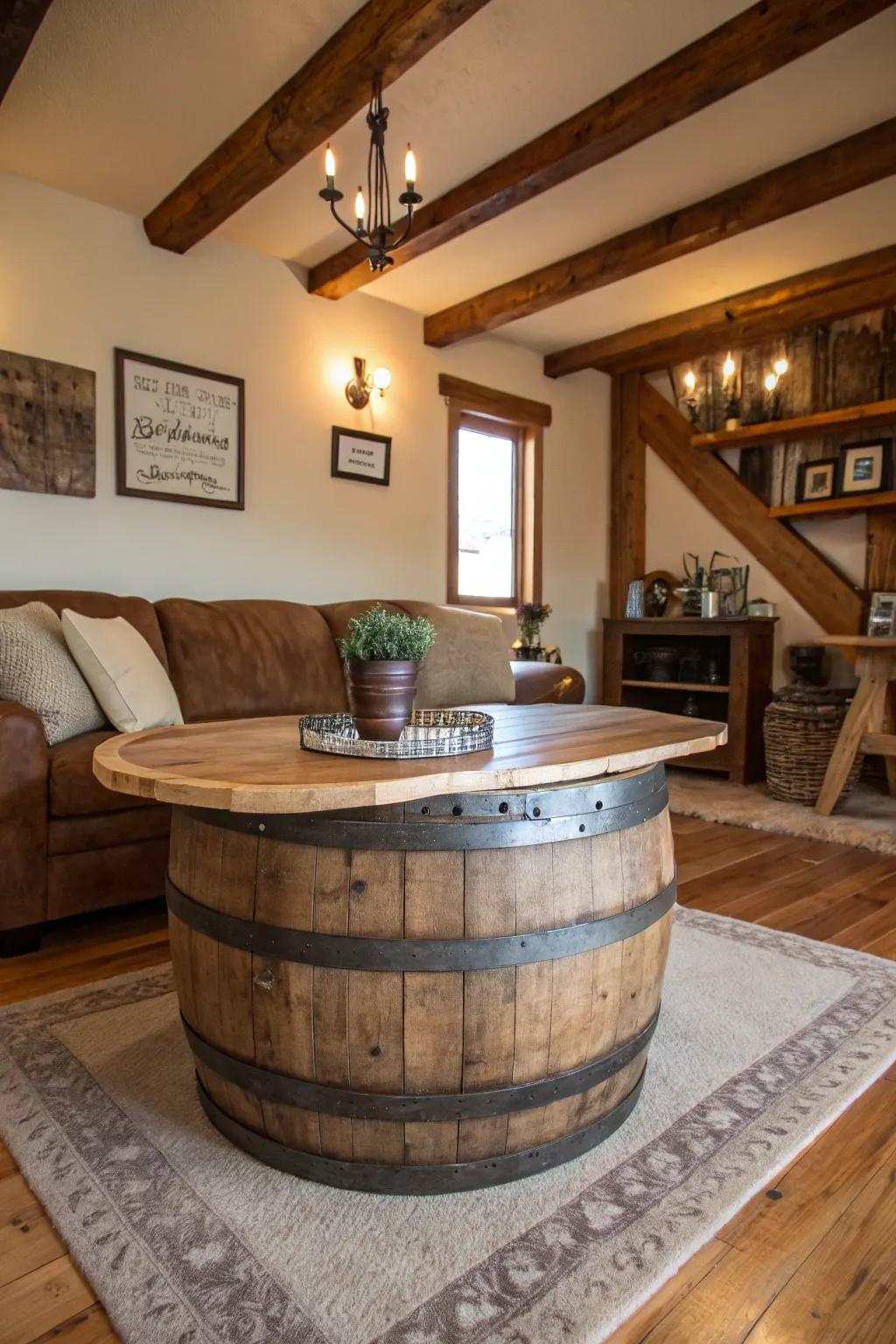 A rustic coffee table crafted from a half wine barrel.