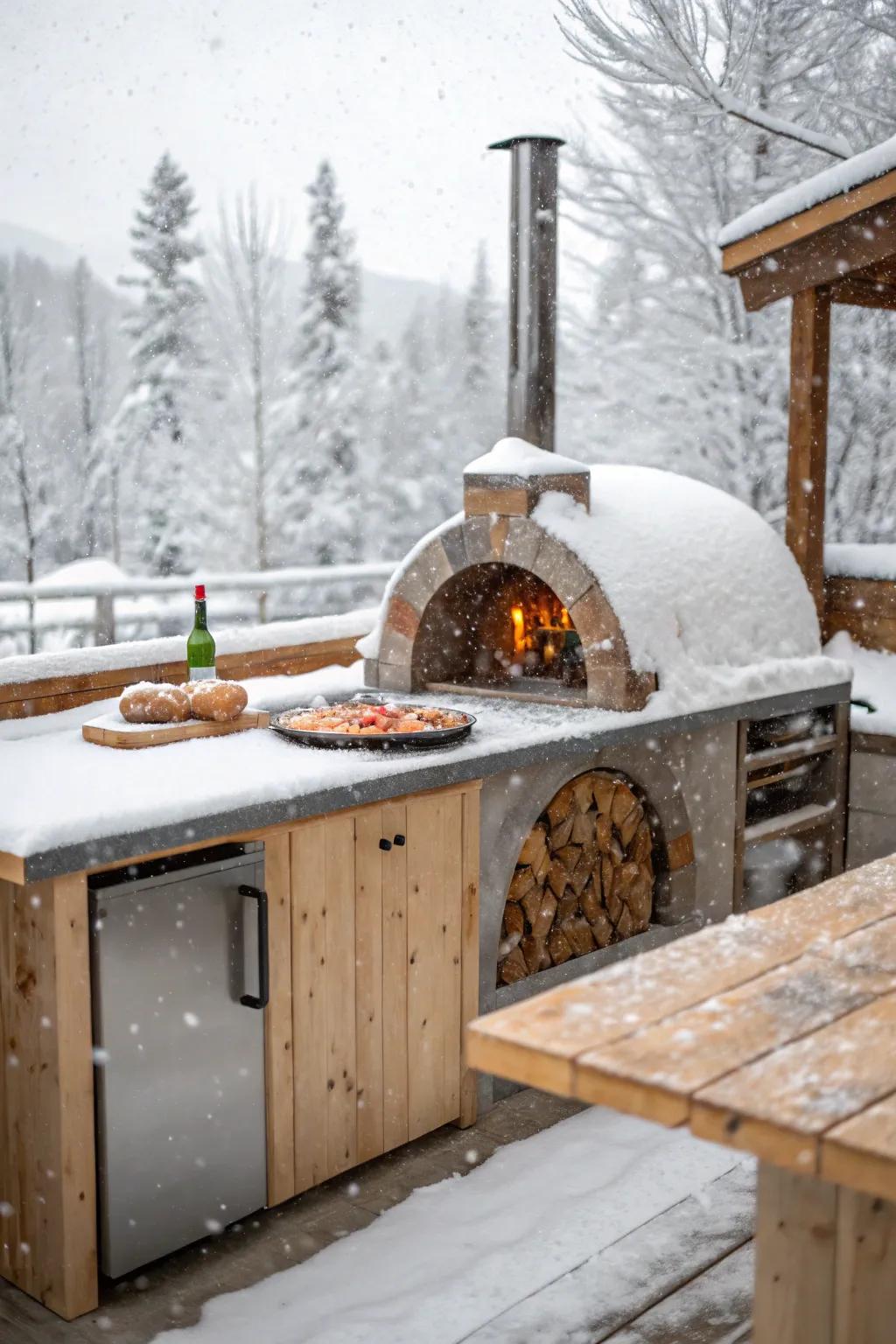 A rustic outdoor kitchen makes dining al fresco a winter delight.