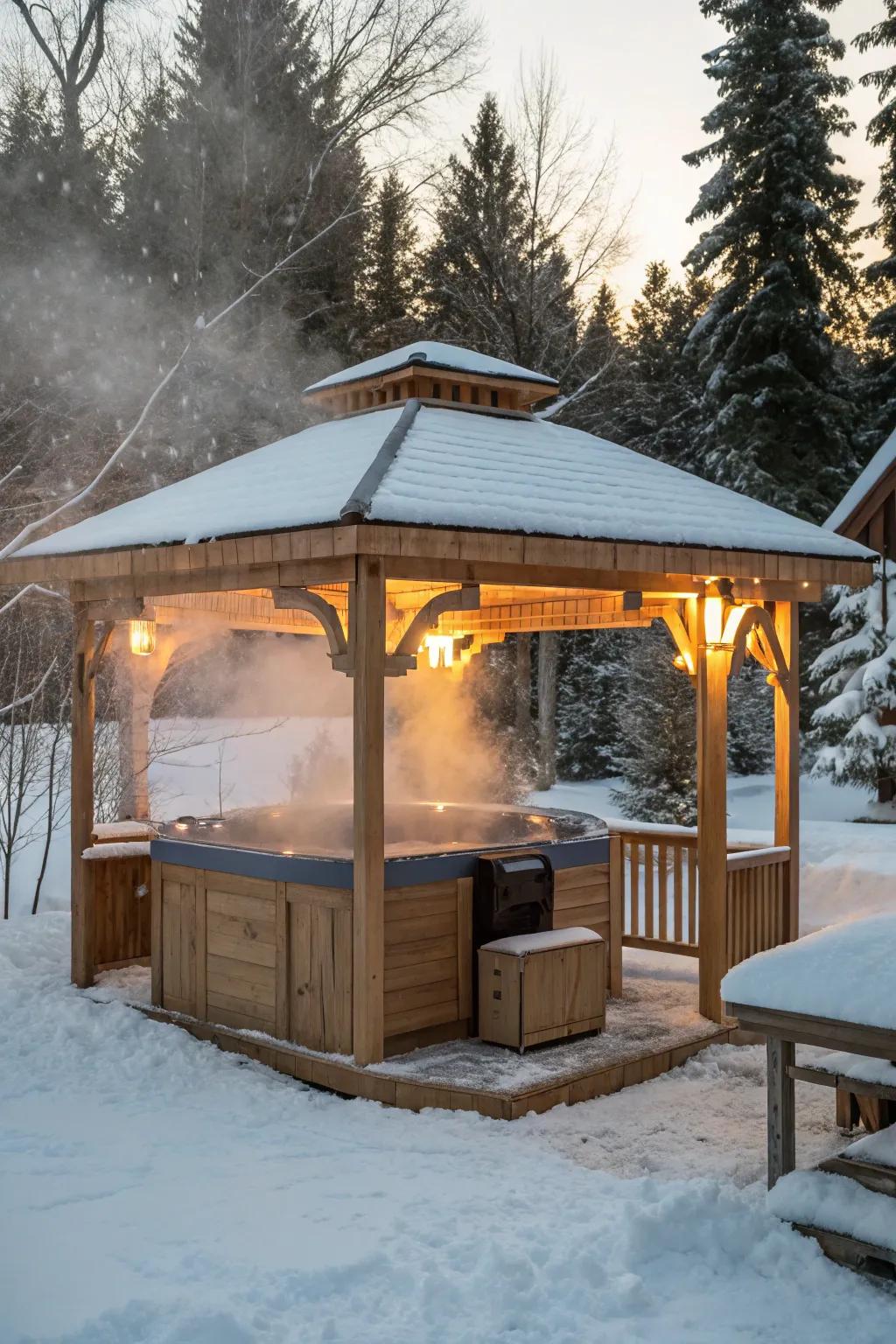 An outdoor hot tub under a gazebo offers a luxurious winter retreat.