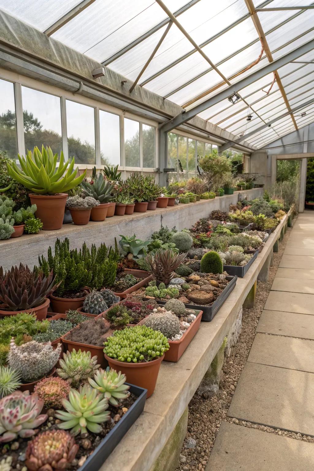 Succulent section in a winter greenhouse.