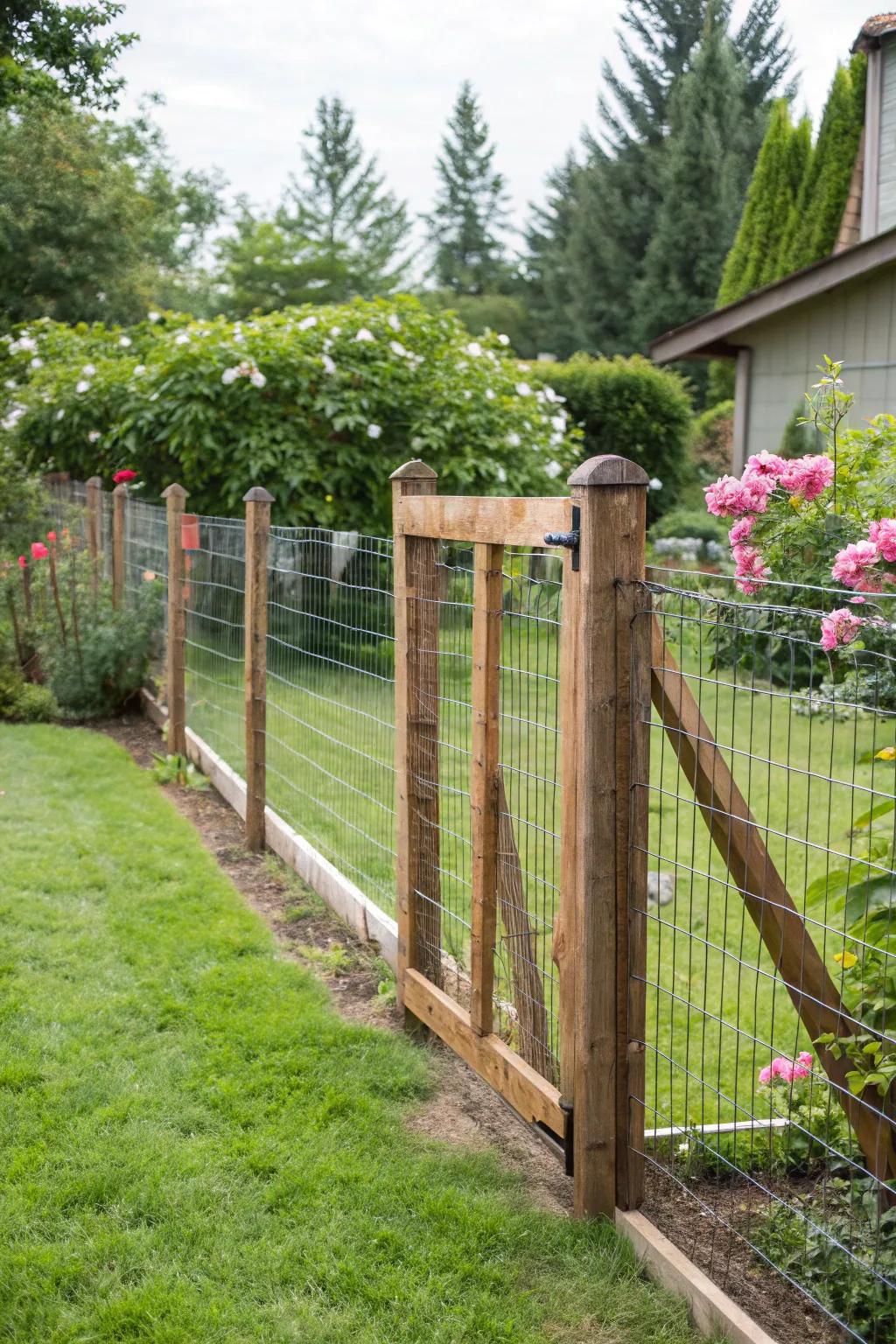 Pet-friendly picket-style wire fence with wooden posts.