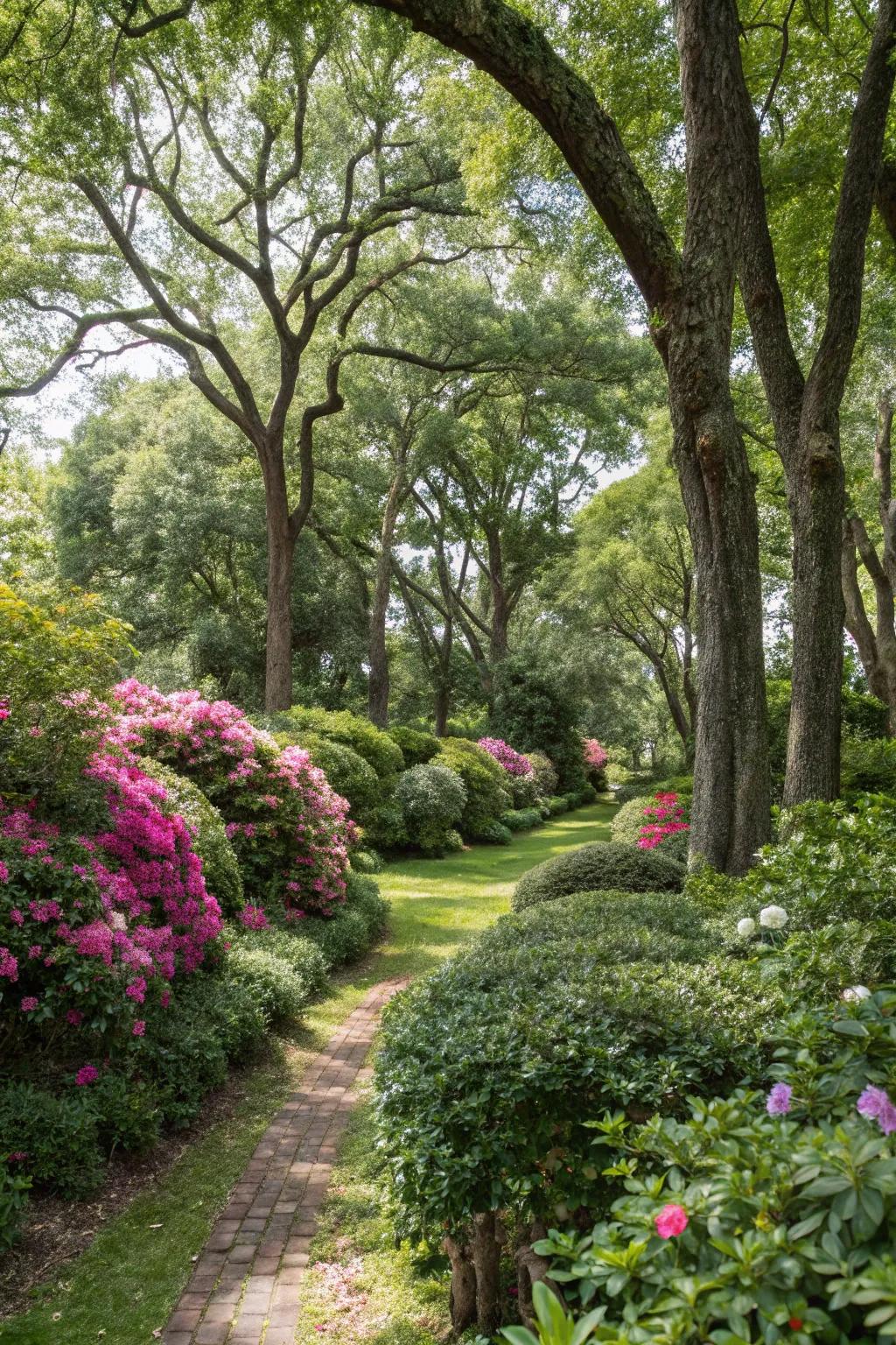 Shade trees and privacy shrubs create a secluded garden retreat.