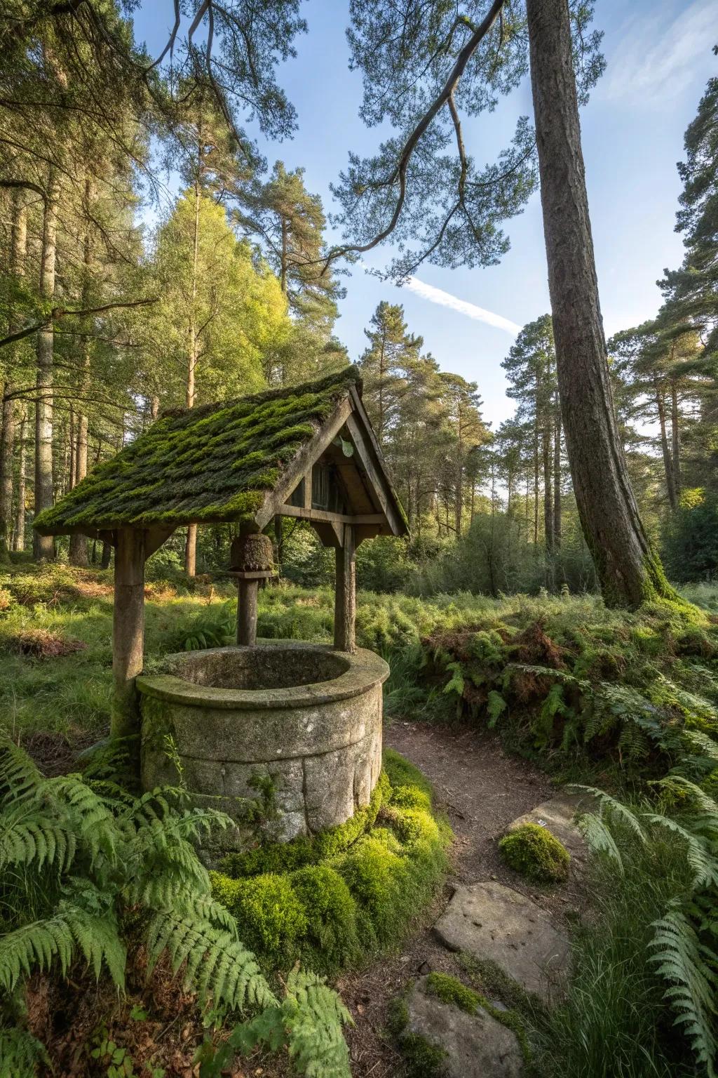 A whimsical woodland setting for a wishing well, enveloped in lush ferns and moss.